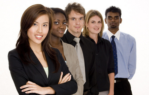An ethnically-diverse group of young professionals.